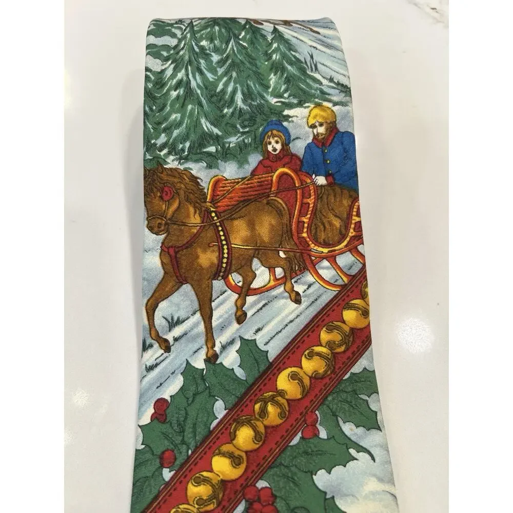 Vtg LANDS END SILK Mens TIE “SLEIGH RIDE TO GRANDMAS HOUSE” 3.5” Hand Sewn USA